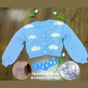 🎀☁️🩵 Whimsical Blue & White Cloud Knit Cardigan Sweater Socks & Earrings☁️🩵🎀 NWT